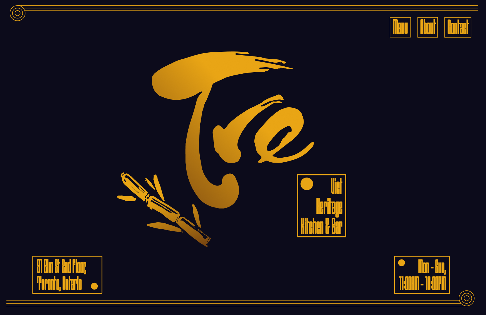 Desktop design concept for TRE restaurant using dark navy background, gold linework, logo, bamboo illustration, and navigation elements
