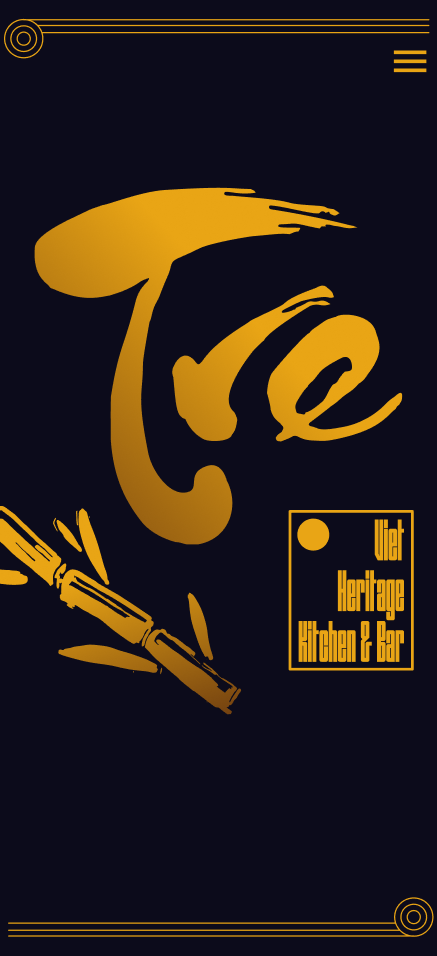 Mobile design concept for TRE restaurant with dark navy background, gold logo, bamboo illustration, and framed content details